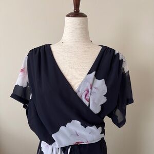 Eshakti Floral Wrap Dress - Navy with White Large Flowers